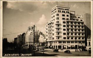 1940 Bucharest, Bukarest, Bucuresti, Bucuresci; Bd. Bratianu, Creditul Minier, Mercedes-Benz, Foto Bucegi, Motociclete Biciclete / street view, tram, shops, automobiles. photo