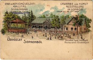 1904 Sopron, Ipar és Képzőművészeti Kiállítás Augusztus 20. és Szeptember 25. között, Erzsébet ligeti vendéglő, étterem. Geisse H. litho (Rb)