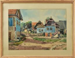 Pattantyus Károly ( 1906-1987 ) Erdélyi falu 1964. Akvarell, papír. Üvegezett keretben, jelzett, 31x45 cm