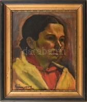 Gyimessi Kovács Gábor (1905 - 1983): Női portré. (Hátoldalán férfi portré, jelzés nélkül) Olaj, karton, sérült keretben, jelzett, 36x28cm