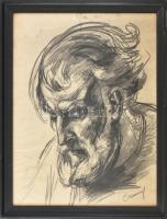 Emanuel Béla (1879 - 1976): Férfi fej tanulmány. Szén, papír, jelzett, sérült, üvegezett keretben, 57x46,5cm
