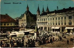 Temesvár, Timisoara; Kossuth Lajos tér, piac, Haring Gusztáv, Goldmann, Fülöp üzlete, villamos / square, market, shops, tram (b)