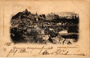 1898 (Vorläufer) Segesvár, Schässburg, Sighisoara; Totalansicht / látkép. Fr. Teutsch kiadása / general view + SZÉKELY-UDVARHELY - SEGESVÁR 134. SZ. vasúti mozgóposta bélyegző (fl)