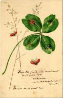1900 Greeting card with clover and ladybugs. litho (fl)