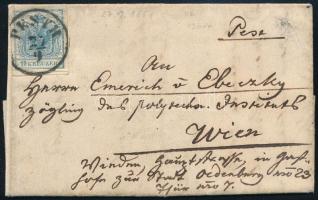 1851 9kr levélen tartalommal, a bélyegen kis papírránc PESTH - Wien