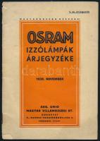1939 Osram izzólámpák árjegyzéke ábrákkal, borító sarokhiánnyal, 31p