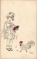 Kislány és kakas s: E Weber, Child and rooster s: E Weber
