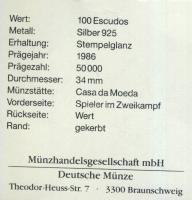 Portugália 1986. 100Esc Ag "Mexikói Labdarúgó VB" T:BU Tanúsítvánnyal!