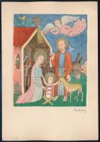 Pekáry István (1905-19819: A Szent család. Rézkarc, akvarell, papír. Jelzett. Levelezőlap 10x12 cm