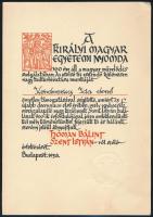 1938 Hóman Bálint Szent Istvánról szóló értekezésének támogatásááért adott emléklap a Királyi Magyar Egyetemi Nyomda szárazpecsétjével