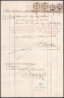 1862 Mosonmagyaróvár, okmány egy kereskedő által égető olajért felvett összegről 25+25+7+6 kr okmánybélyeggel, várnagyi aláírással
