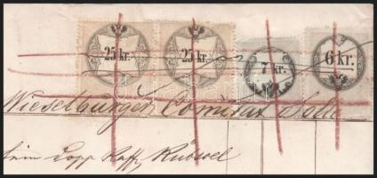 1862 Mosonmagyaróvár, okmány egy kereskedő által égető olajért felvett összegről 25+25+7+6 kr okmány...