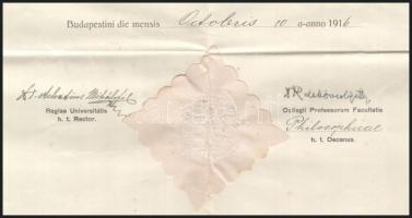 1916 Egyetemi bizonyítvány rektori és dékáni aláírással