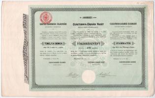 Budapest 1885. "Csáktornya-Zágrábi Vasút Részvény-Társaság" törzsrészvénye 200Ft-ról szelvényekkel, szárazpecséttel, bélyegzésekkel T:III kis szakadások / Hungary / Budapest 1885. "Csáktornya-Zagreb Railway Share Company" share about 200 Forint with coupons and cancellation C:F small tears