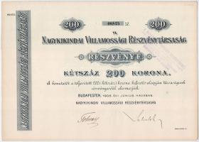 Nagykikinda 1908. Nagykikindai Villamossági Részvénytársaság részvénye 200K-ról, szelvényekkel és szárazpecséttel, bélyegzésekkel T:I- / Hungary / Nagykikinda 1908. Electricity Share Company of Nagykikinda share about 200 Kronen, with coupons and overprints C:AU