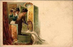 Erotic nude lady art postcard, bathing. Druck u. Verlag Louis Glaser. litho (kis szakadás / small tear)