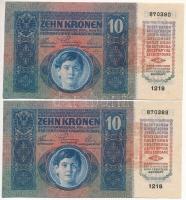 1915. 10K (2x) "1218 870389-870390" sorszámkövetők, piros "MAGYARORSZÁG" felülbé...