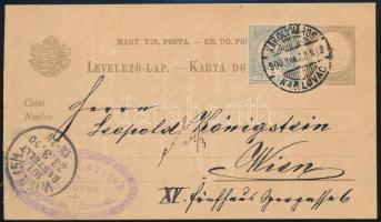 1900 Károlyváros-Wien futott levelezőlap vegyes bérmentesítés 2kr + 1f