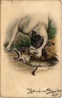 1915 Hunting dog and fox. Mary Mill 1509. (szakadás / tear)