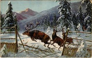 Hunting art postcard with deer. Original-Aquarelle aus der Jagdzeitung Weidmannsheil s: Mailick (EK)