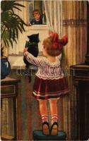 1924 Children art postcard, girl with cat. Amag 073.