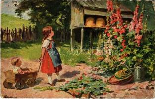 1924 Children art postcard, girl in the garden with beehives (worn corners)