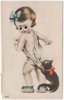 Girl with cat, humour. Mechanical card with moving eyes (EK)