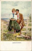Liebeswerben / Lady art postcard, romantic couple. M. Munk Wien Nr. 1125. (EK)