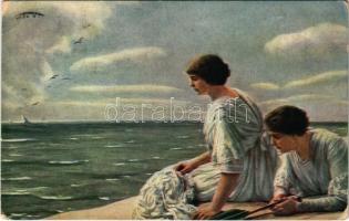 1917 Am Meeresstrande / Lady art postcard. Art moderne 743. s: Leempoels (EB)