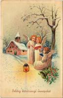 Boldog karácsonyi ünnepeket! / Christmas greeting art postcard with angels. Cecami N. 4213. (EK)