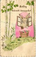 1911 Boldog húsvéti ünnepeket / Easter greeting art postcard with rabbit and eggs. Emb. litho (EB)