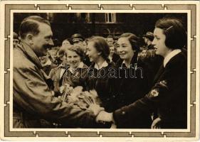 1940 Adolf Hitler with girls, Hitlerjugend. NSDAP German Nazi Party propaganda, swastika. 6+19 Ga. + Wiener Frühjahrsmesse 1940 So. Stpl.