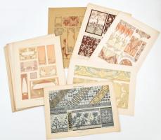 cca 1900-1910 Dekorative Vorbilder, 20 db szecessziós, historizáló és egyéb ornamentikával, illusztrációval díszített nyomat. Lapméret: 36x25 cm