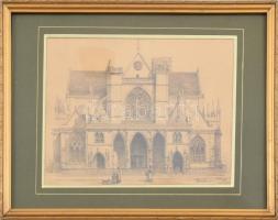 Böhm Pál (1839-1905): Épület (templom) homlokzat. Ceruza, papír, jelzett. Paszpartuban, üvegezett keretben, 22x16,5 cm