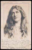 Alszeghy Irma (1864-1945) színésznő fotója saját kezű soraival és aláírásával