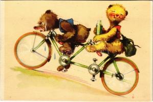 Bears on tandem bicycle, humour. C. Pahl & Co. Nr. 934-2. (vágott / cut)