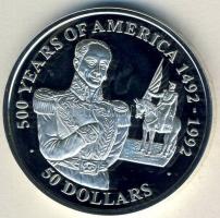 Cook-szigetek 1990. 50$ Ag "Amerika 500 éve-Simon Bolivar" T:PP