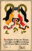 1915 Anerschaffen ist ihm der Freund... / WWI German and Austro-Hungarian K.u.K. military art postcard, Viribus Unitis propaganda with flags (EK)