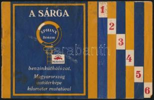 cca 1920-1930 Magyarország autótérképe kilométer mutatóval. A Sárga Sphinx Benzin benzinkúthálózat reklámkiadványa. Bp., Klösz Gy. és Fia, 16 p., kissé foltos