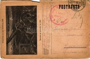 1915 Erinnerung an den Weltkrieg 1915. 42 cm Brummer / WWI Austro-Hungarian K.u.K. military field postcard + M. kir. pécsi 19. népfölkelő gyalogezred 1. tábori zászlóalj (szakadások / tears)