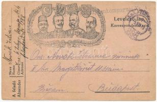 1918 Tábori Postai Levelezőlap a Központi hatalmak katonai vezéreivel / WWI Austro-Hungarian K.u.K. military field postcard, Viribus Unitis propaganda with Central Powers leaders. Franz Joseph I of Austria, Wilhelm II, Ferdinand I of Bulgaria, Mehmed V + "K.u.K. Telegraphenkompagnie Nr. 4." (EB)