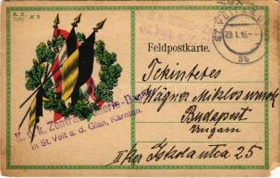 1916 Első világháborús tábori postai levelezőlap / WWI German and Austro-Hungarian K.u.K. military field postcard, Viribus Unitis propaganda with flags + K.u.K. Zentral Artillerie-Depot in St. Veit a. d. Glan Kärnten (EM)