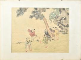 Kézzel festett selyem kép, kungfuzó gyerekek, üveg mögött, Kína, 20. sz. 22x28cm
