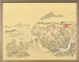 Kézzel festett selyem kép, tájkép, üveg mögött, Kína, 20. sz. 29x39cm