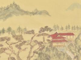 Kézzel festett selyem kép, tájkép, üveg mögött, Kína, 20. sz. 29x39cm