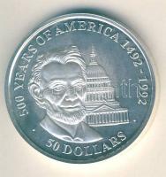 Cook-szigetek 1990. 50$ Ag "Amerika 500 éve-Abraham Lincoln" T:PP