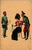 Lady art postcard, lady with officers at the ball. Edgar Schmidt litho (EK)