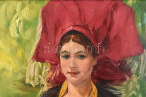 Gyügyei Nagy Zsigmond (1872 - 1932) : Piros főkötős hölgy. Olaj, kartonra kasírozott vászon. Jelezve...