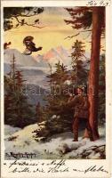 1916 Hunting art postcard, hunter with prey s: Ringeilen (EK)