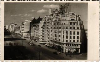 Bucharest, Bukarest, Bucuresti, Bucuresci; street view, tram, shops, Cinema Scala, Rudolf Mosse S.A., Suchard, Bayer Aspirin, Sun Sun London. photo